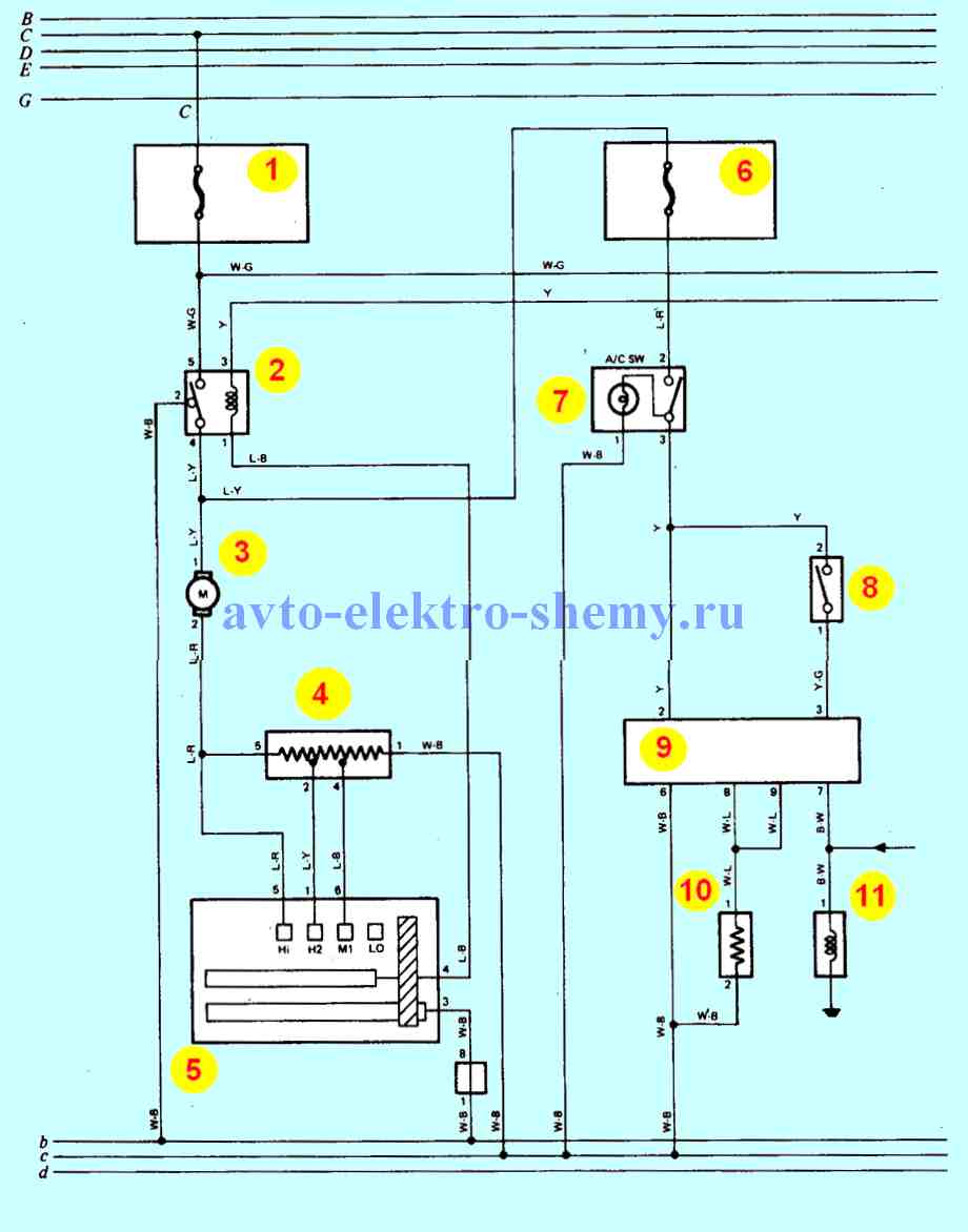электросхема отопления и кондиционирования, системы заряда а/м Land Cruiser 1988-90 г.в. к рис.1